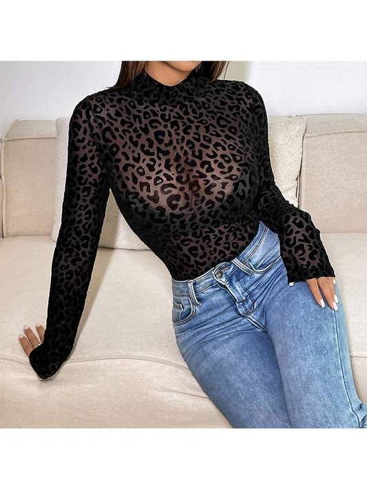 BLACK leopard mesh long sleeves bodysuit for wholesale on Faire5