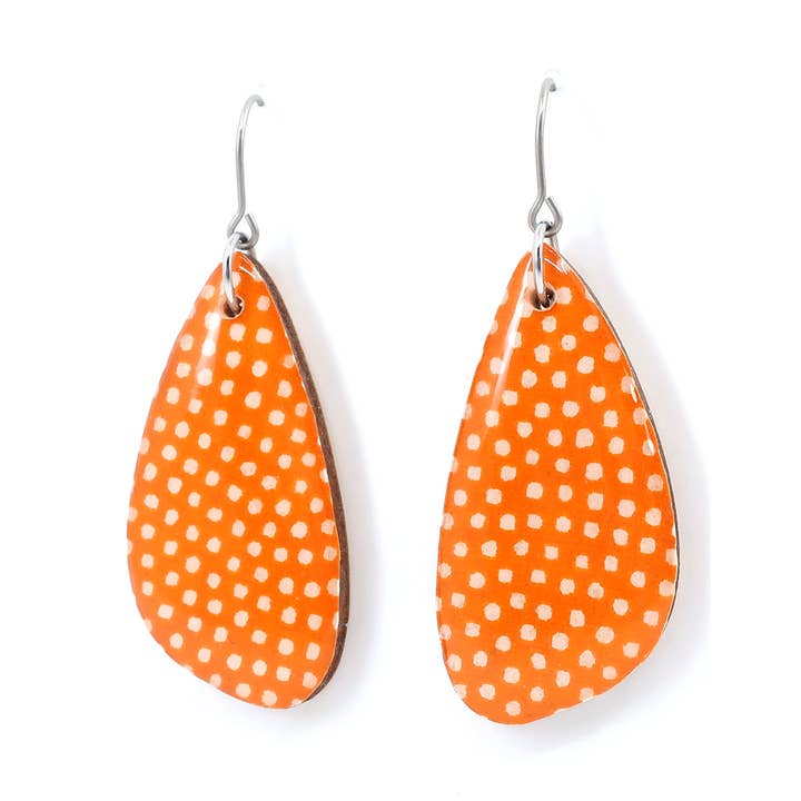 Polka dot Japanese Chiyogami wooden earrings - Orange for wholesale by autumn + tree