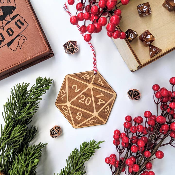NTSD Gaming and Bookish Goods - Wholesale Ornament - D20 D&D Nat20 Wooden Ornament - Dark Version