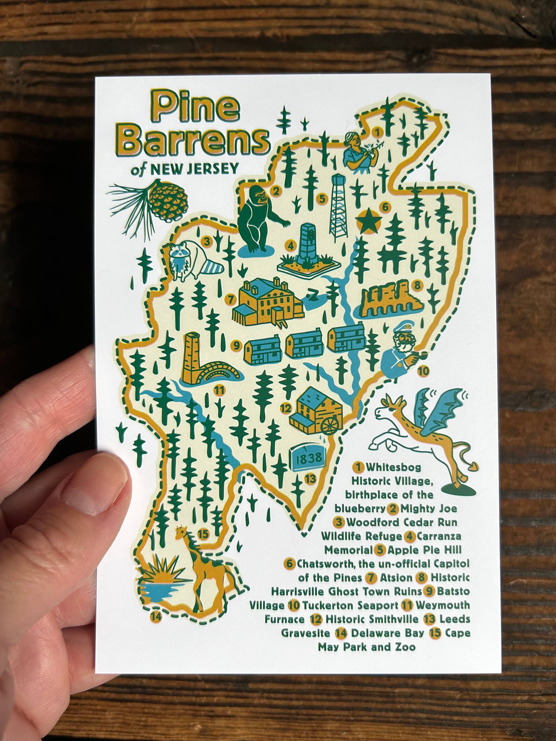 Fresh Fish - Wholesale Postcard - NJ Pine Barrens Map Post Card featuring 15 Attractions1
