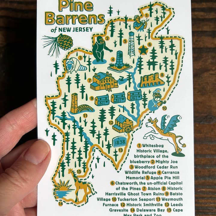 Fresh Fish - Wholesale Postcard - NJ Pine Barrens Map Post Card featuring 15 Attractions1