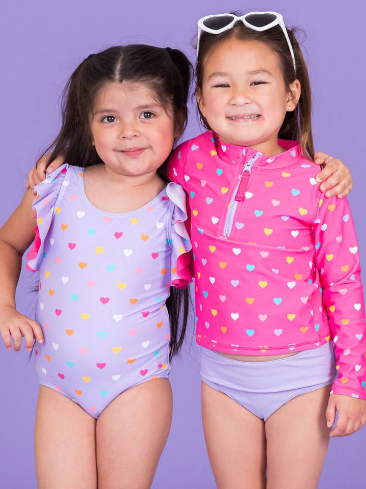 Lila Flickor Lavendel Färgglada Hjärtan Fjärilsärm Baddräkt i Ett Stycke för wholesale på Faire4