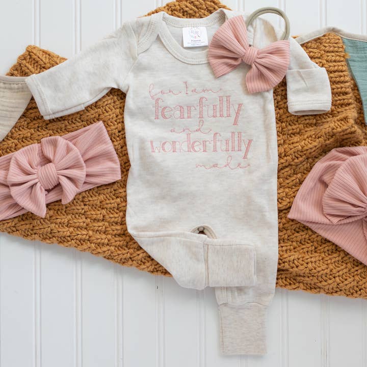 Wonderfully Made - Wholesale Jumpsuit - Baby - Baby Romper | Fearfully and Wonderfully Made Pink/Oatmeal