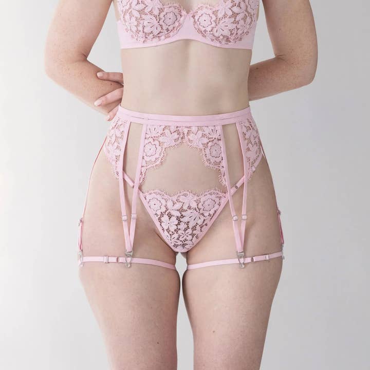 Frisson Lace Garters Rose for wholesale by Monique Morin Lingerie