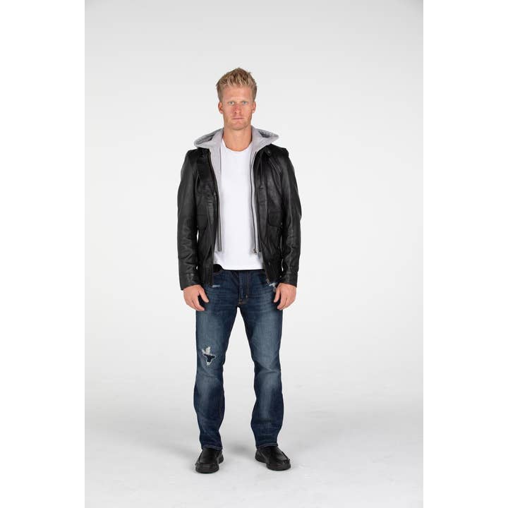 Fadcloset - Wholesale Leather Jacket - Men's - Men Lambskin Hooded Leather Bomber Jacket