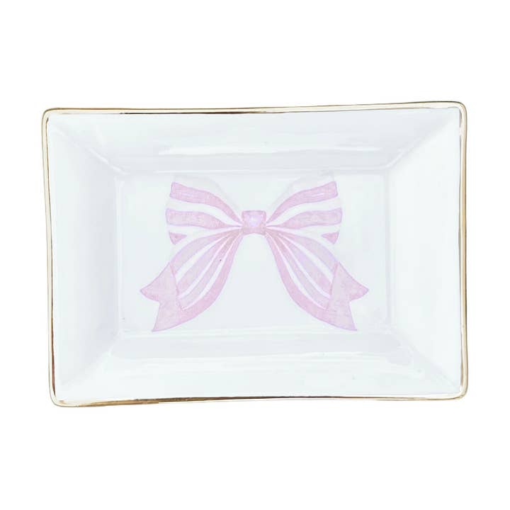 Chinoiserie Porcelain Trinket Tray, Pink Bow for wholesale by The French Bee & Co