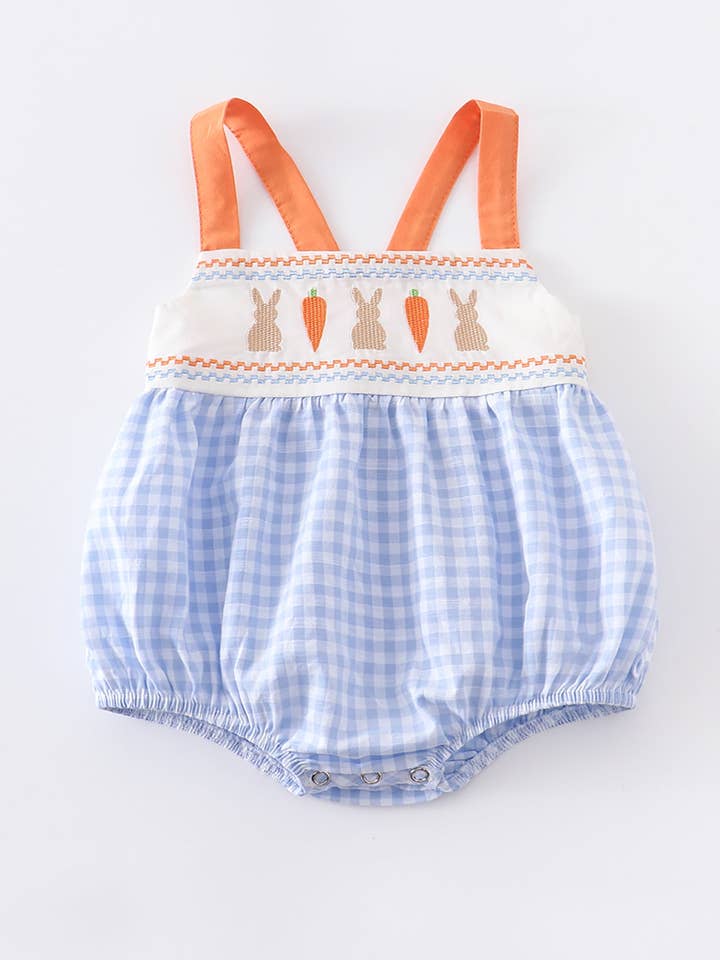 Barboteuse Garçon avec Appliqué Lapin de Pâques à Carreaux Bleus pour la vente par Rylee Faith Designs