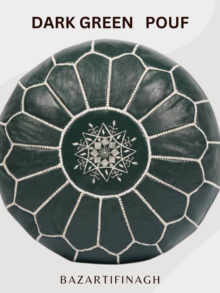 Dark Green Leather Pouf, Handcrafted Moroccan Ottoman for wholesale by bazarifinagh