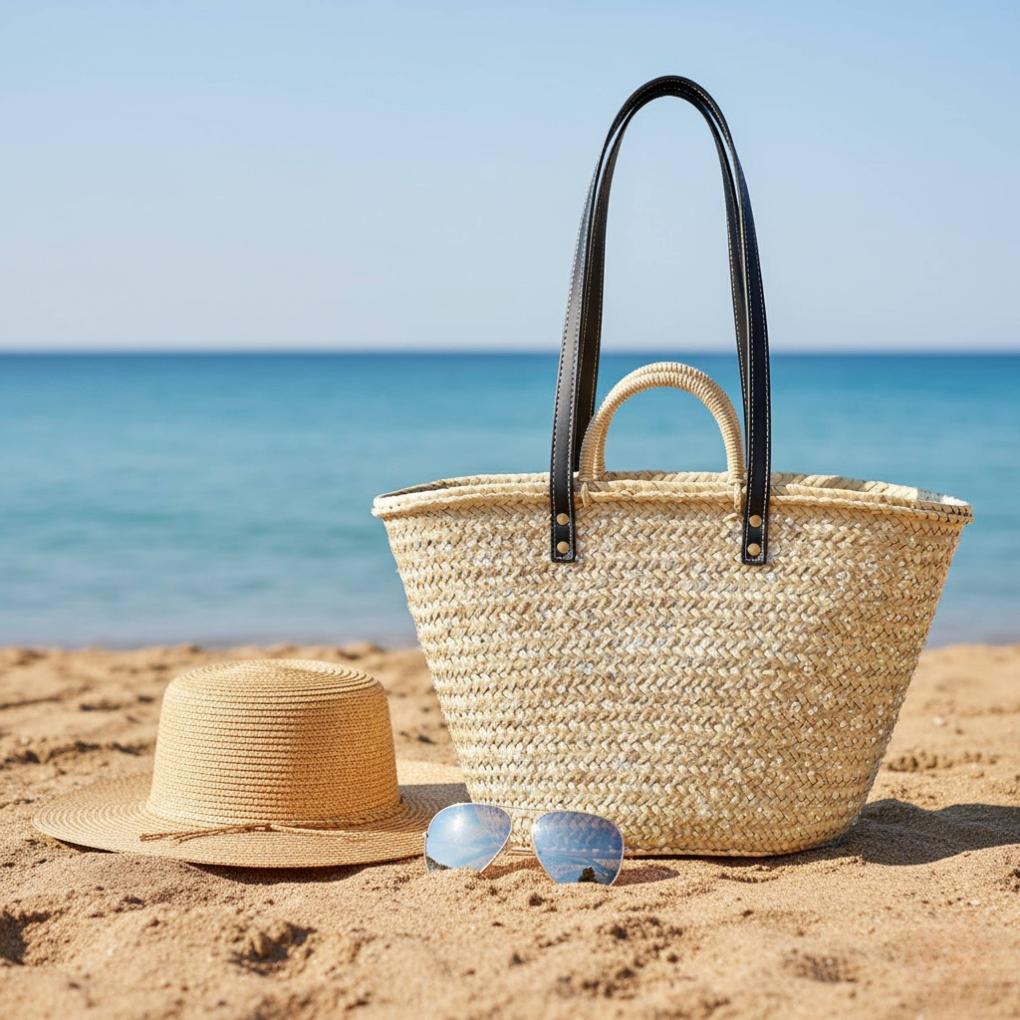 LeBazare – Saco de praia por atacado – Cesta de Mercado Francesa Feita à Mão com Alças Longas de Couro Preto2