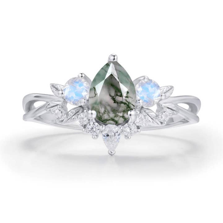 Laurel Grove Moss Agate Moonstone Ring Solid White Gold for wholesale by Azura Jewelry
