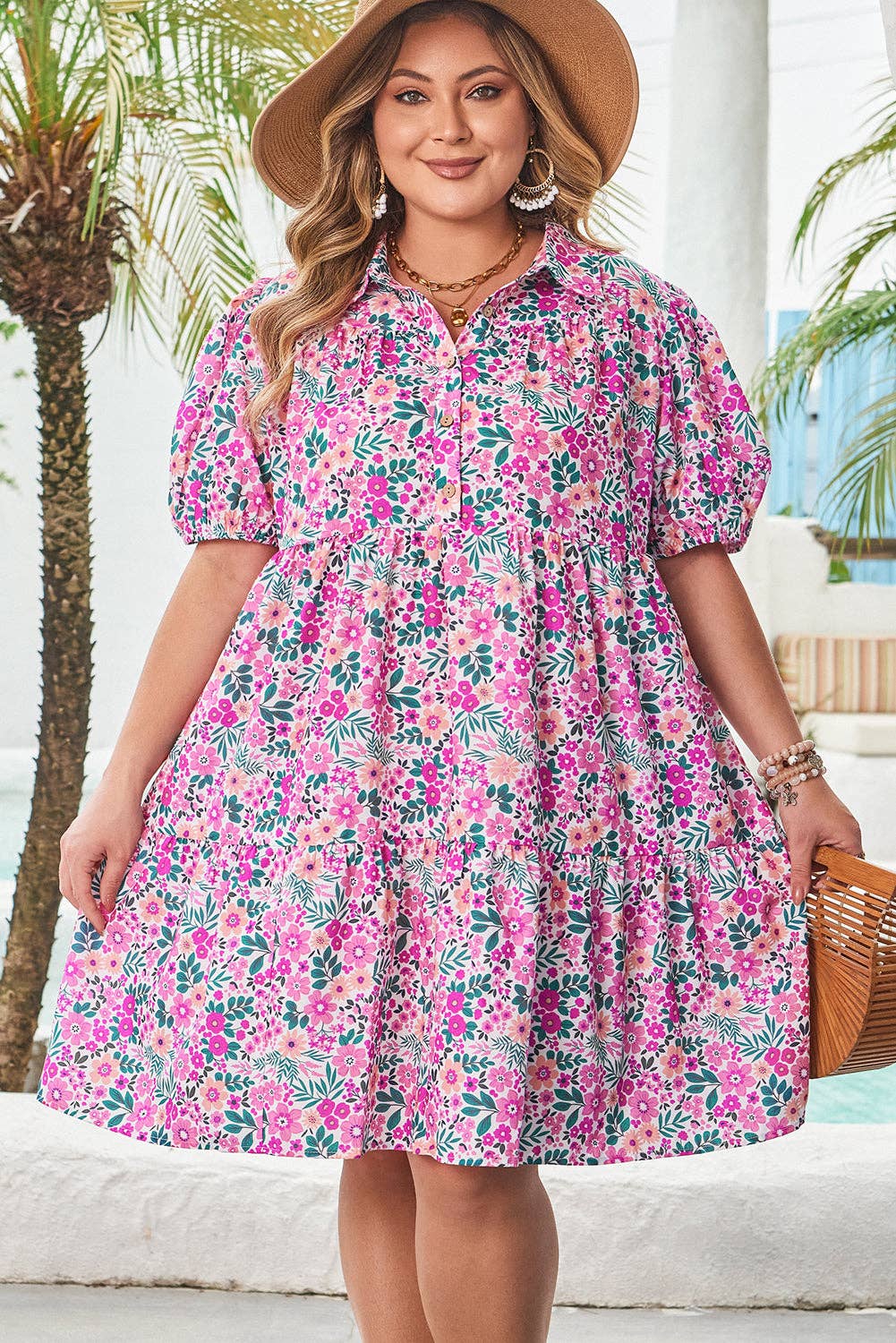 Pink Plus Size Easter Floral Puff Sleeve Button A Line Dress for wholesale on Faire1