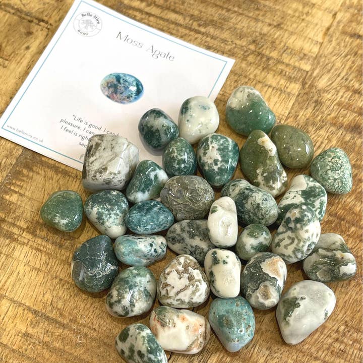 Moss Agate tumlede krystaller 100gms med infokort for engroshandel hos BellaMira Home
