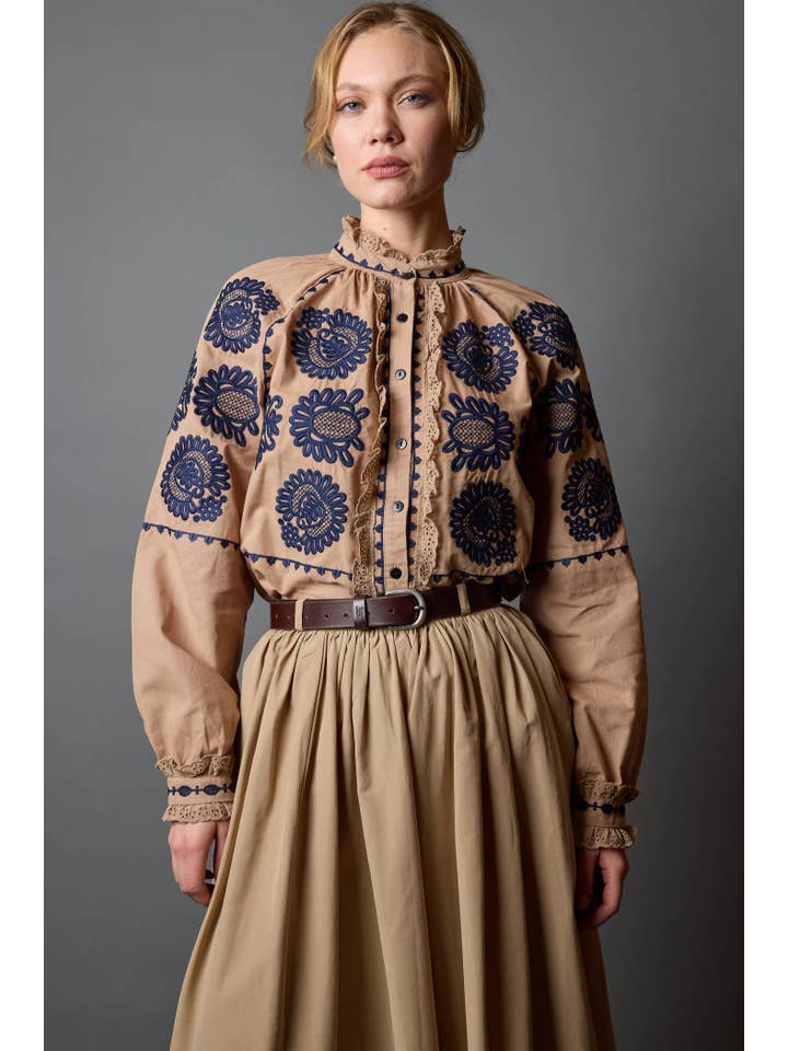 miglo - Wholesale Button Down Shirt - Women's - RUBBLE COLLAR EMBROIDERED SHIRT