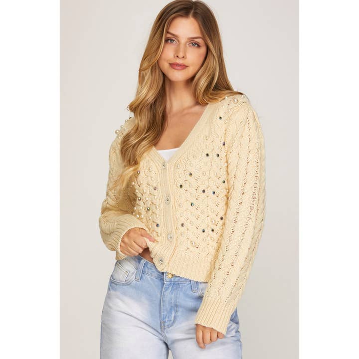 STYLE USA - Vendita all'ingrosso Cardigan - Donna - CARDIGAN IN MAGLIA A TRECCE DECORATO CON STRASS DI PERLE 2