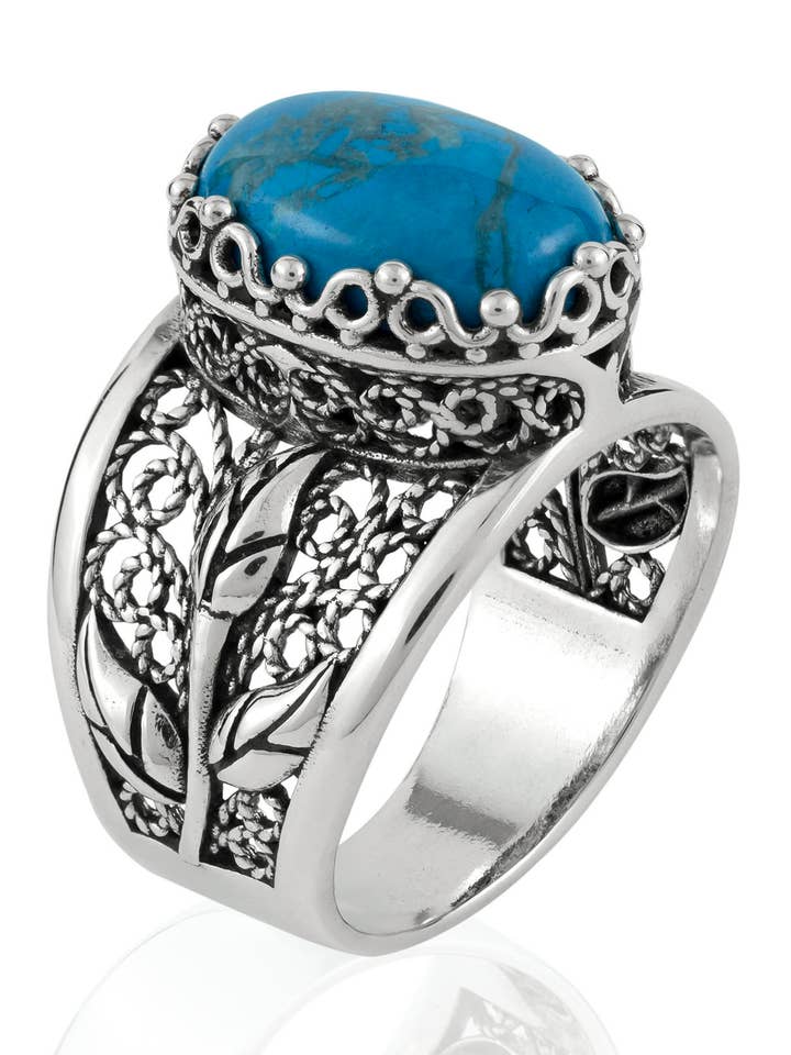 Anillo llamativo de plata de ley para mujer con detalles de tulipanes con piedras preciosas turquesas para venta al por mayor de Filigranist Jewelry