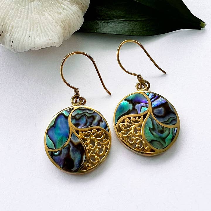 Abalone Filigree Earrings - Brass, Indonesia for wholesale by Women's Peace Collection