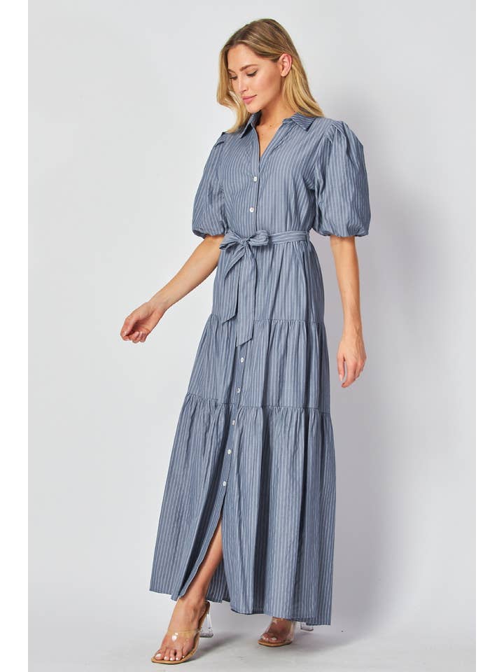 B I G H I T Fashion - Wholesale Dress - Women's - Stripe Bubble Sleeve Maxi Dress HD2644-DARK BLUE