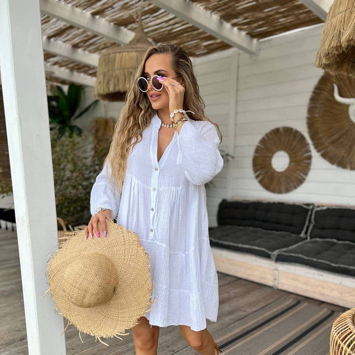 SW161 Vestido Corto Italiano de Algodón Gasa Blanca con Mangas 3/4 para venta al por mayor de LOOWIE