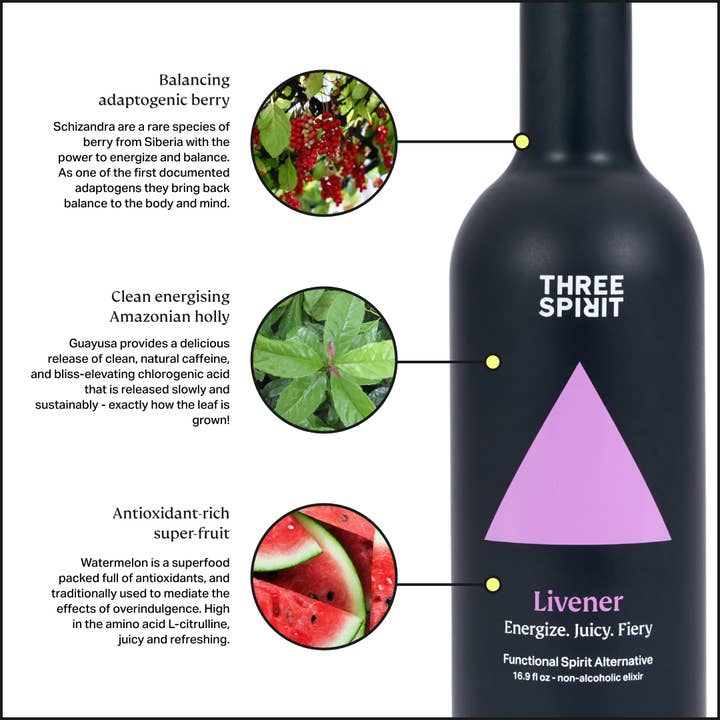 Three Spirit - Wholesale Non-Alcoholic Aperitif/Mocktail - Livener Functional Non Alcoholic Spirit (6 x 16.9oz bottle)