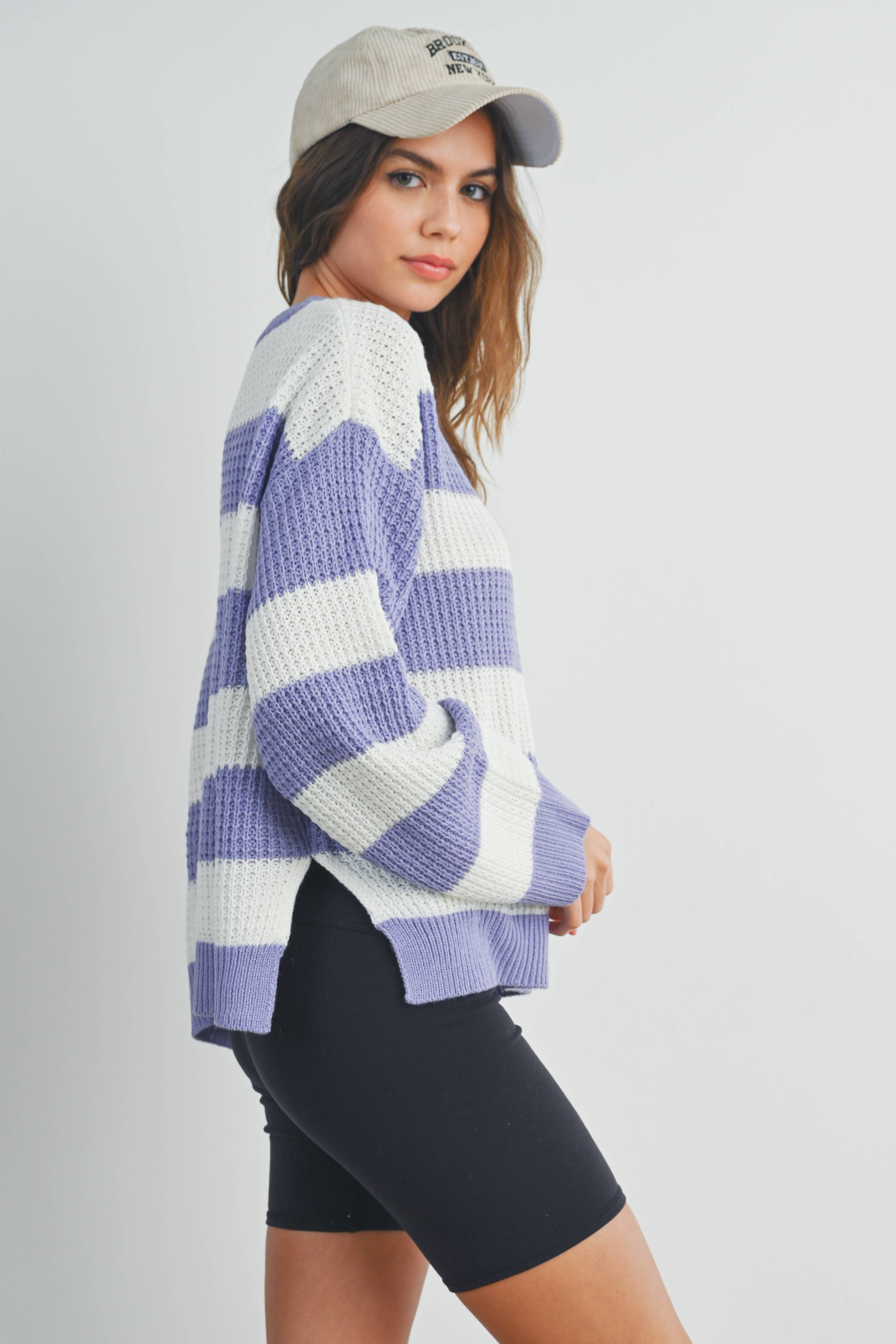 BUTTERMELON - Wholesale Knit Sweater - Women's - Striped Round Neck Long Sleeve Sweater - BMW732921