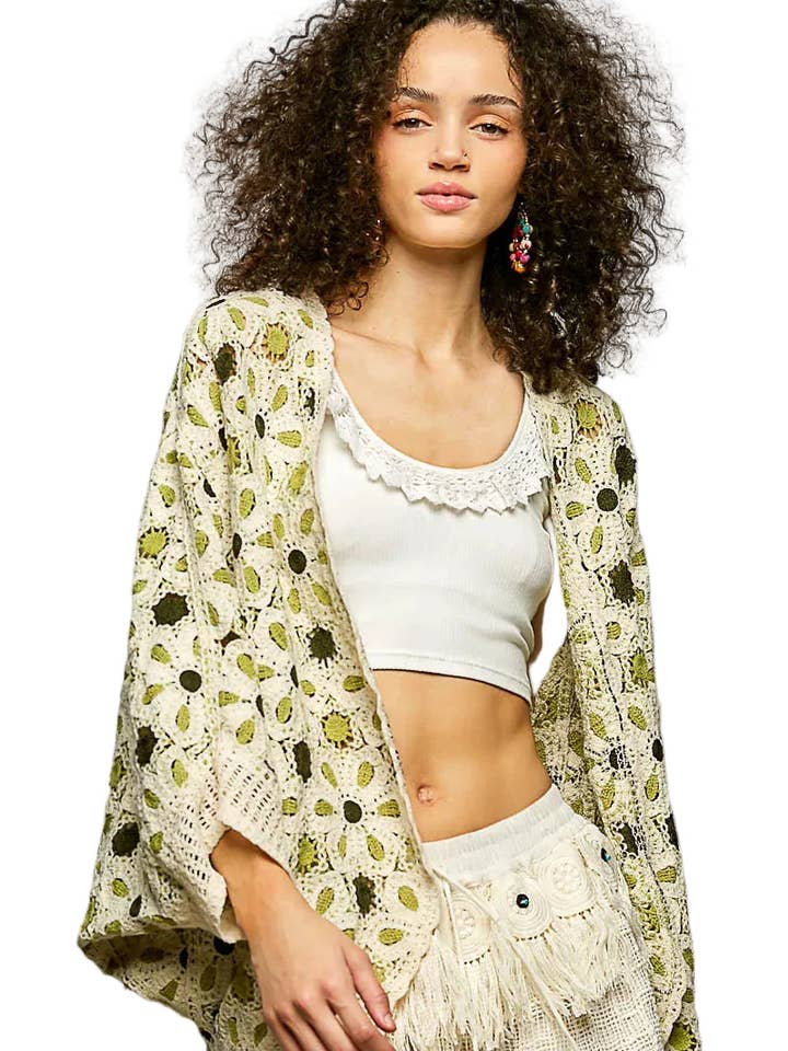 Gilet ouvert en crochet à motif floral POL pour la vente par Garden Naked