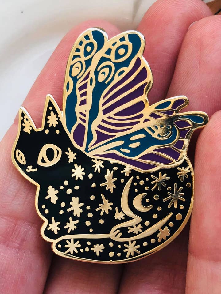 Luna Cat Moth Hard Enamel Pin for wholesale by Bunny Dee