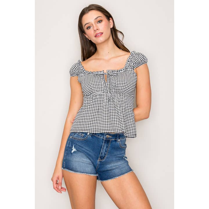 Popular 21 - Wholesale Knit Top - Women's - Gingham Babydoll Top with Square Neck and Tie