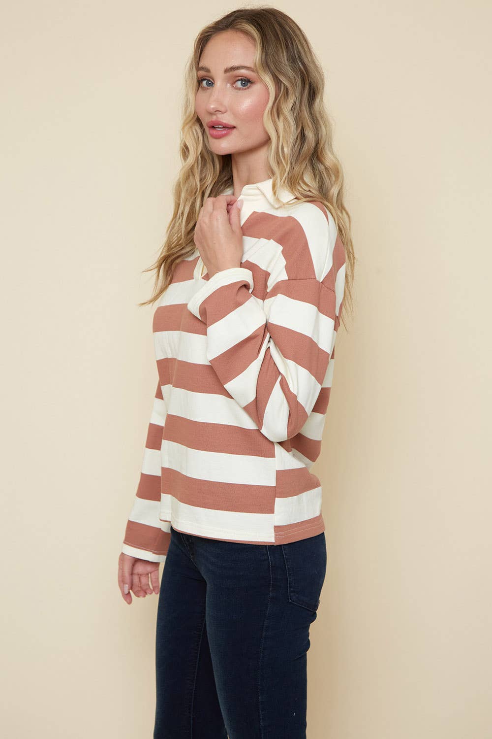 Saints & Hearts - Wholesale Knit Top - Women's - SIT3581B CREAM MAUVE COTTON YARN DYE RUGBY TOP1