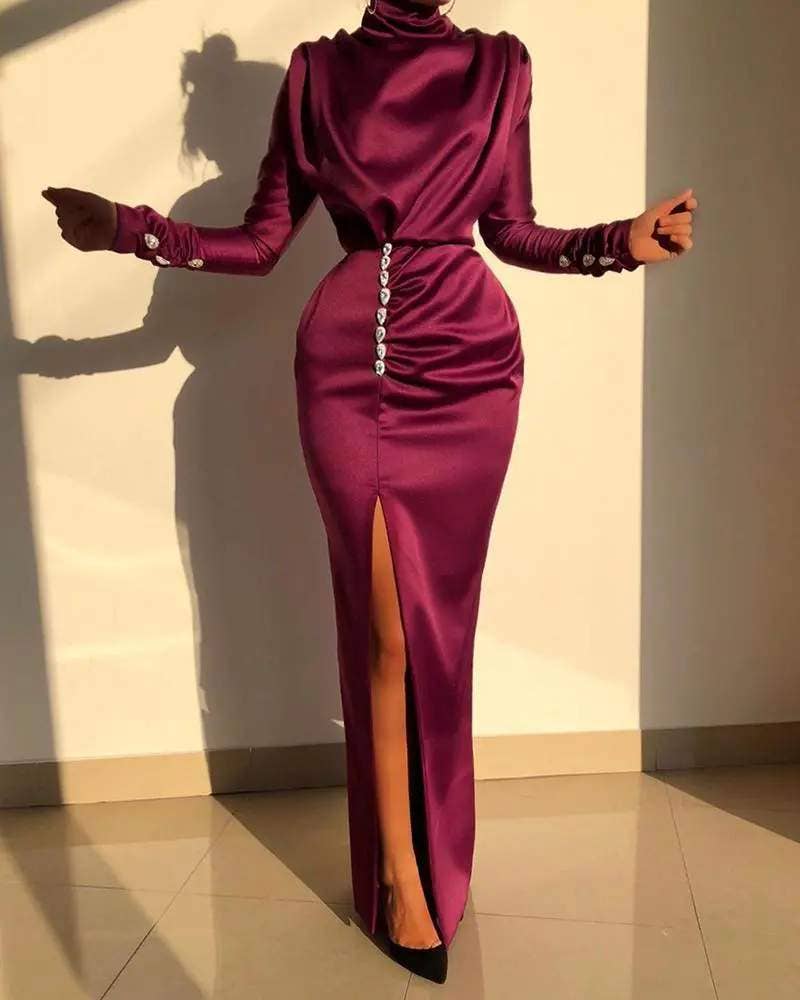 WINE RED high neck ruched thigh slit evening dress for wholesale on Faire0