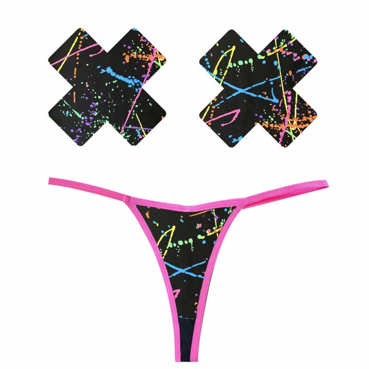 Grafitti Neon Pink & Black Blacklight Pastie and Pantie Lingerie Set for wholesale on Faire