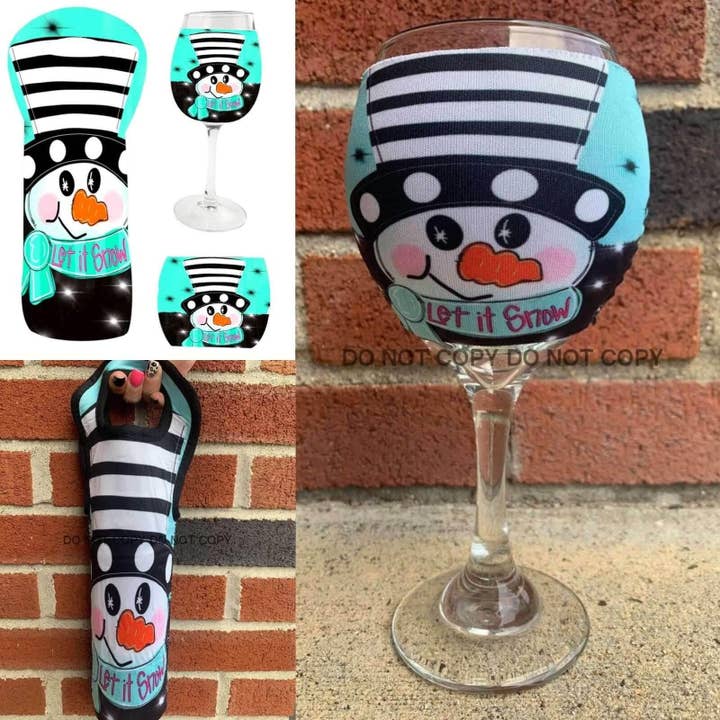 Sip Sleeves ~ Insulated Cup Sleeves and Drink Accessories - Wholesale Wine Gift Bag - Let it Snow~ Neoprene Insulated Wine Set 3 PCs ~ Custom Design1