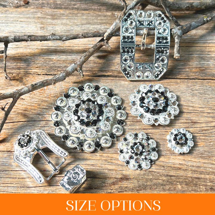 Rodeo Drive - Wholesale Craft Supplies - Bright Silver Jet & Clear Crystal Conchos - Sizes from 1"- 3" and Buckles