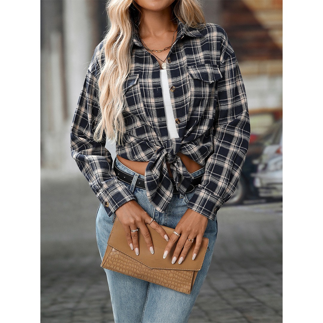 UNISHE - Wholesale Shirt - Women's - Casual Loose Fit Plaid Pockets Button-Down Shirt MD21324