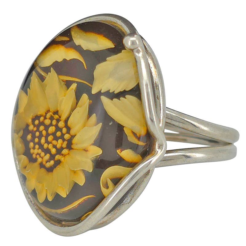 Amberman - Venta al por mayor Anillos grandes/de cóctel - Anillo Ajustable de Camafeo Ámbar Girasol1