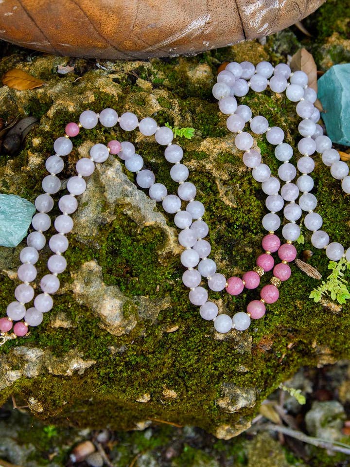Rosenkvarts Rhodochrosit Reiki-infunderad 108 Japa Mala för wholesale av Samadhi Mala Beads