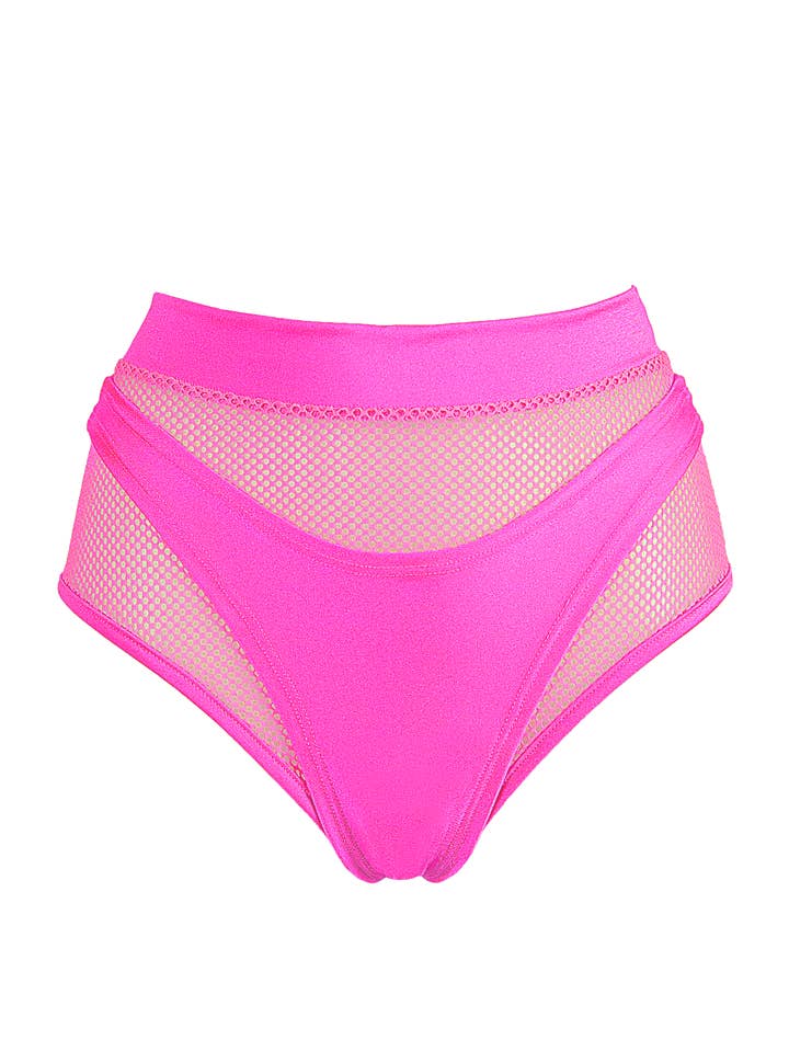 EXES LINGERIE - Vendita all'ingrosso Completino intimo - Donna - Bottom a vita alta in rete + perizoma / Completo due pezzi / NEON PINK