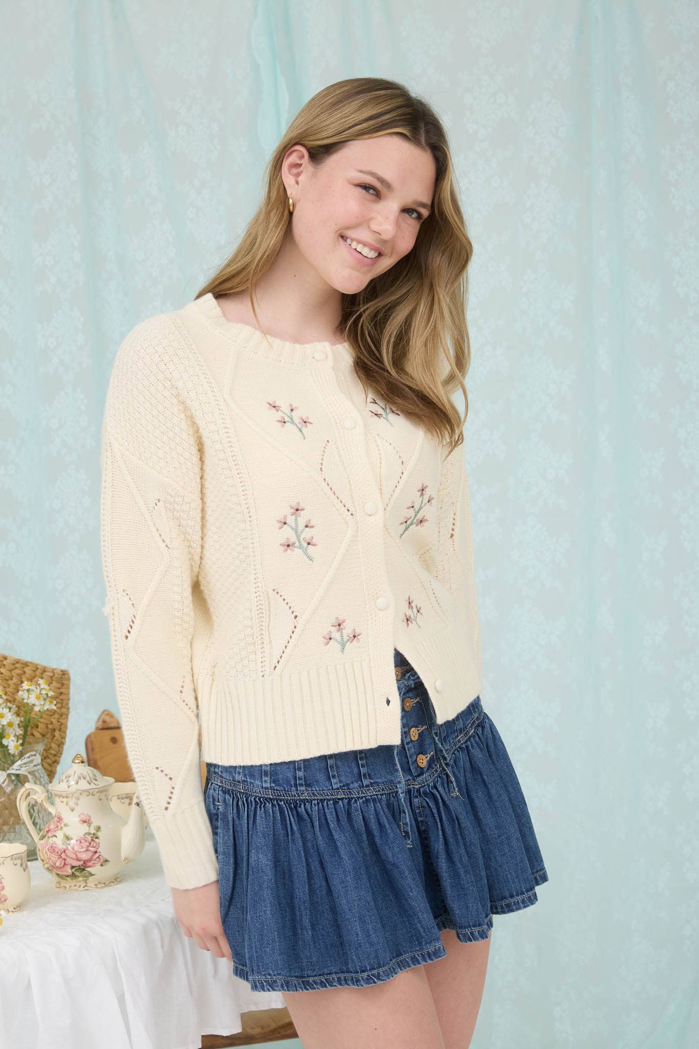 Blu Pepper - Wholesale Cardigan - Women's - FLORAL EMBROIDERY EYELET KNIT DETAIL CARDIGAN9