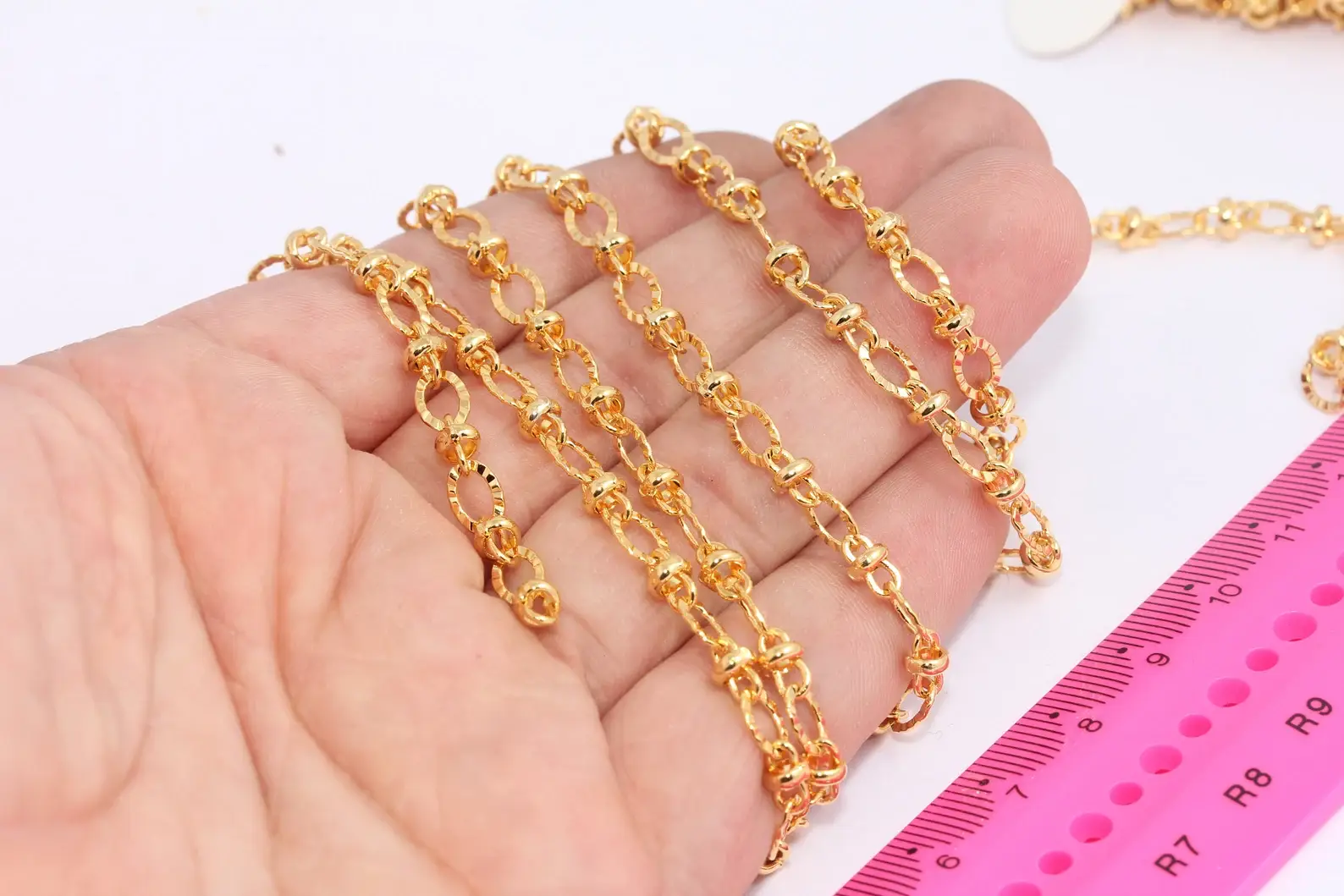 QueenJewelryM – wholesale Link & chain necklace – 5x7mm 24k Shiny Gold Plated Ball Satellite Chain, CHK6160