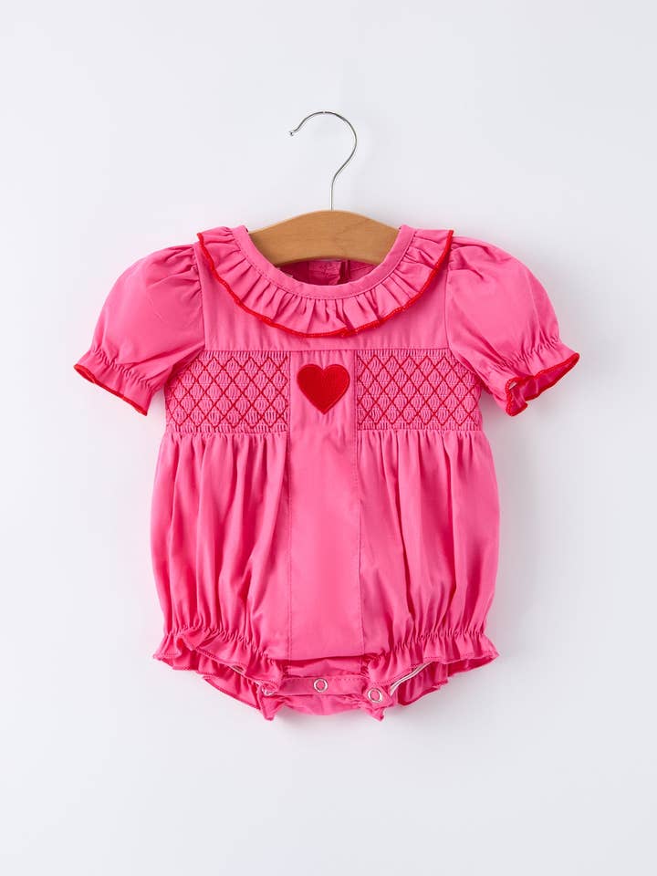 Valentine's Day Hot Pink Ruffle Collar Baby Romper Heart Applique for wholesale by Rylee Faith Designs