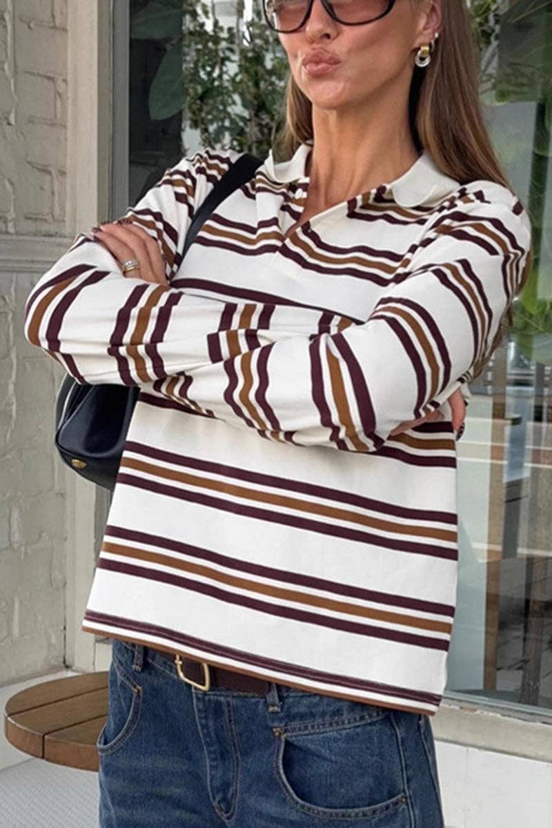 BROWN Striped Polo T-Shirt with Long Sleeves for wholesale on Faire1