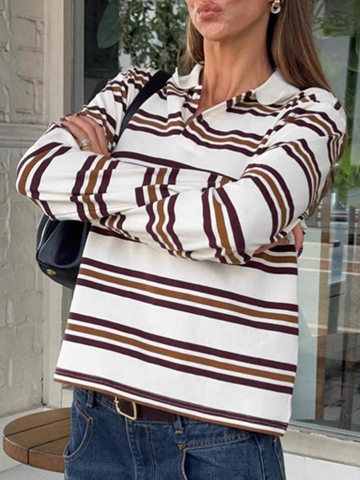 BROWN Striped Polo T-Shirt with Long Sleeves for wholesale on Faire1