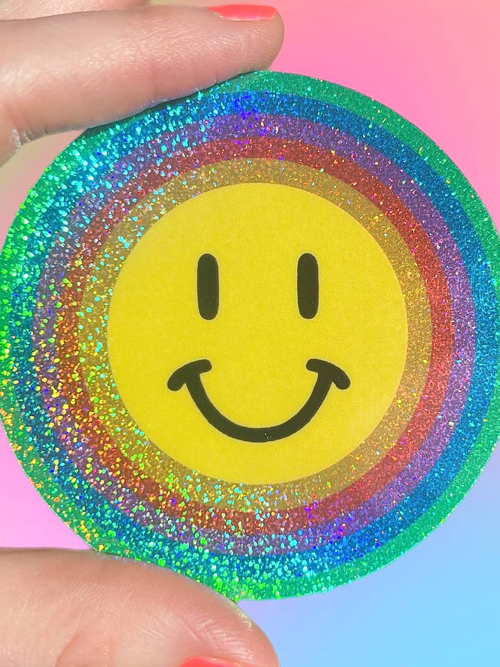 Smiley Face Glitter STICKER 3 Inch for wholesale by Astral Weekend