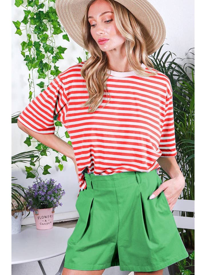 Vine & Love - Wholesale Knit Top - Women's - Crew Neck Short Sleeve Striped Knit T-Shirt Top VT81762