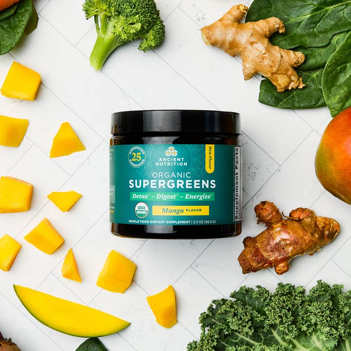 Ancient Nutrition - Wholesale Protein/Superfood Powder - Organic SuperGreens | Powder Mango Flavor (12 Servings)