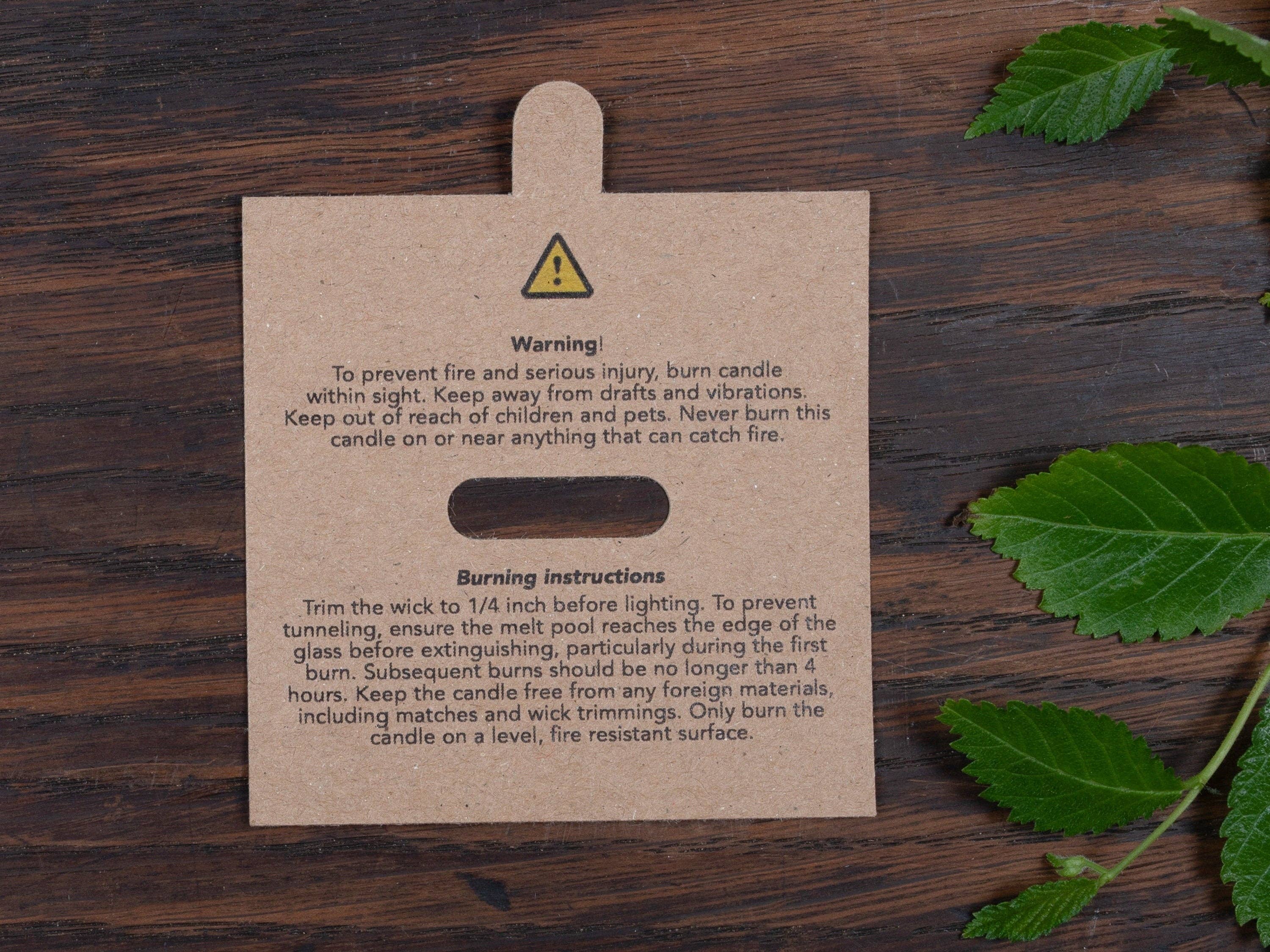 Fernery Designs - Wholesale Candle Holder - Warning & Burning Instruction Design Kraft Candle Dust Covers for wooden wick1