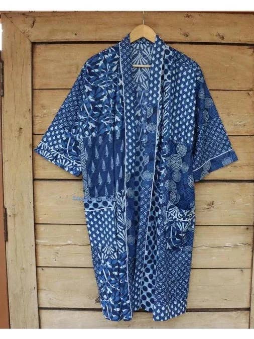 Cotton Blue Indigo Printed Kimono Robe Long Cotton Kimono for wholesale by GYPSY STUDIO