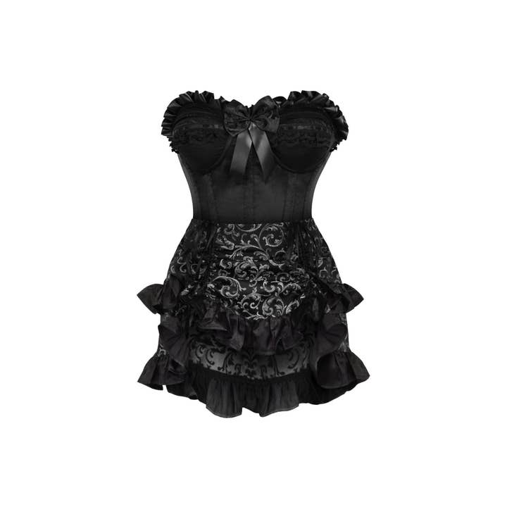Set Corsetto Burlesque in Raso Nero con Stecche in Acciaio e Gonna in Broccato Argento Top Drawer 2 PC per la vendita all'ingrosso da parte di Daisy Corsets