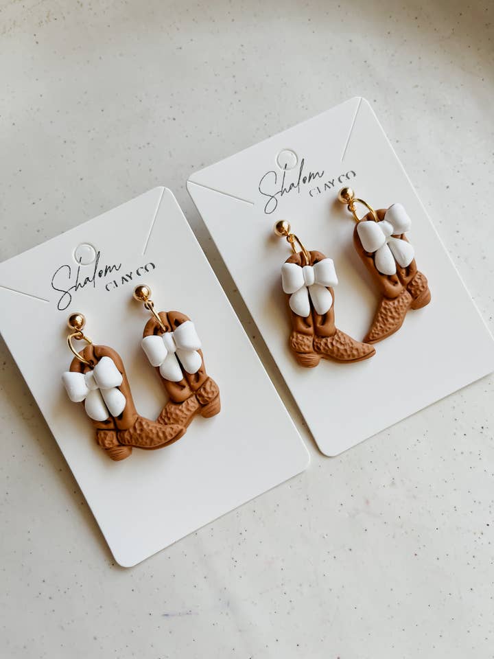 Made For Walkin Earrings | Boots and Bows Earrings For Women for wholesale by Shalom Clay Company