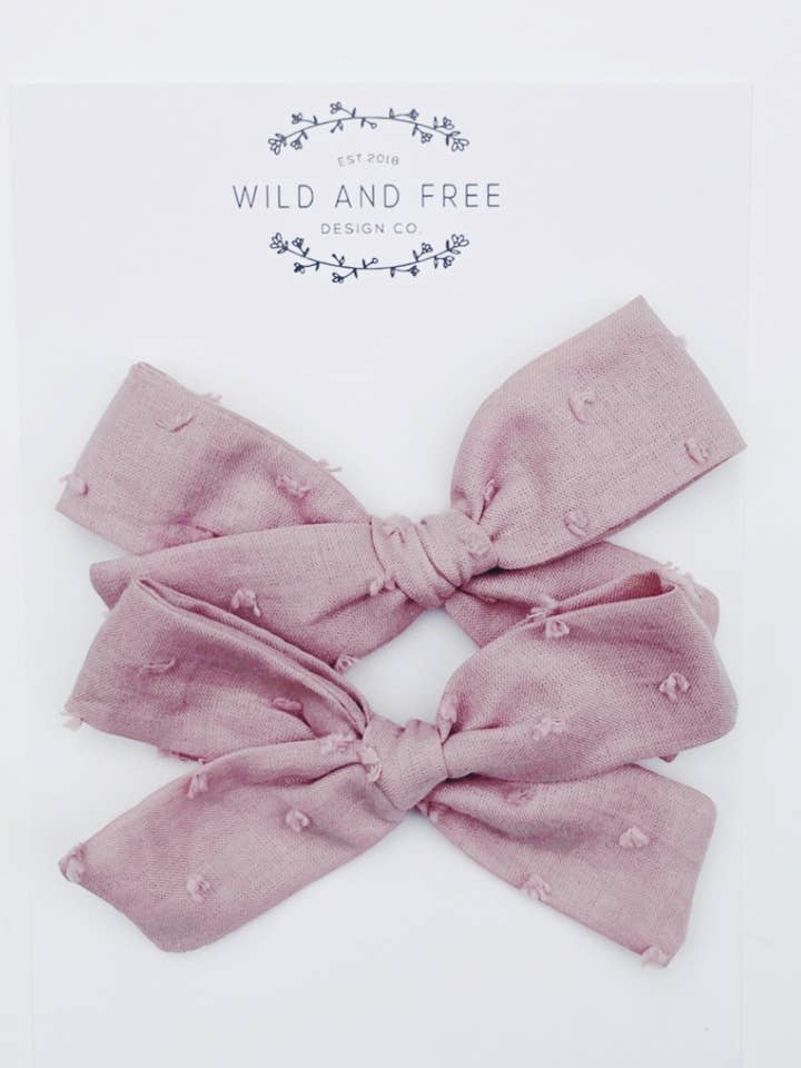 mauve swiss dot school girl pigtail bow set for wholesale by Wild and Free Design Co.