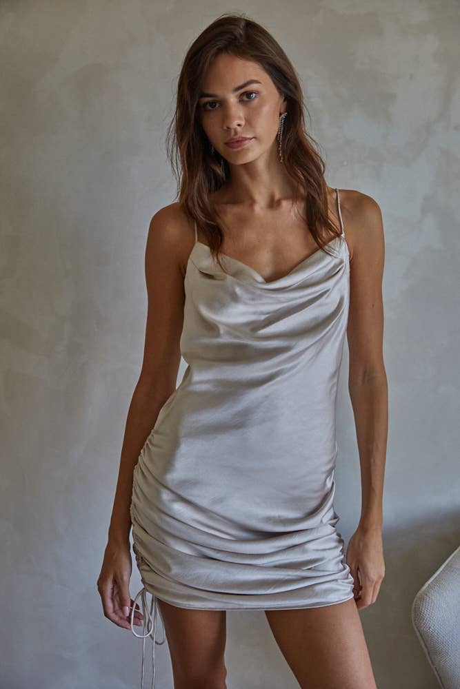 By Together - Wholesale Dress - Women's - L5847 | Woven Cowl Neck Side Ruched Mini Dress0